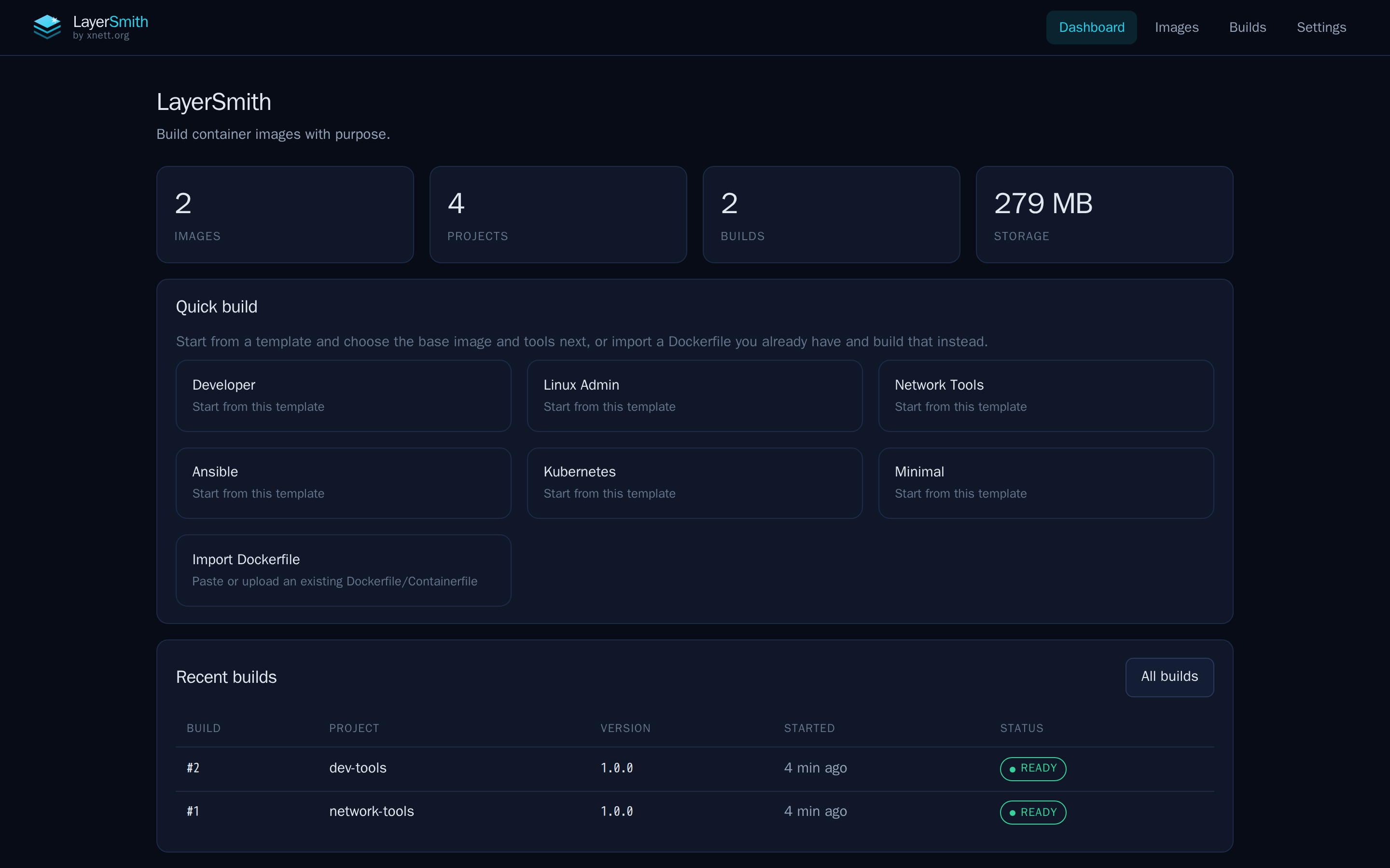 LayerSmith dashboard showing container image projects, purpose-based templates and recent builds