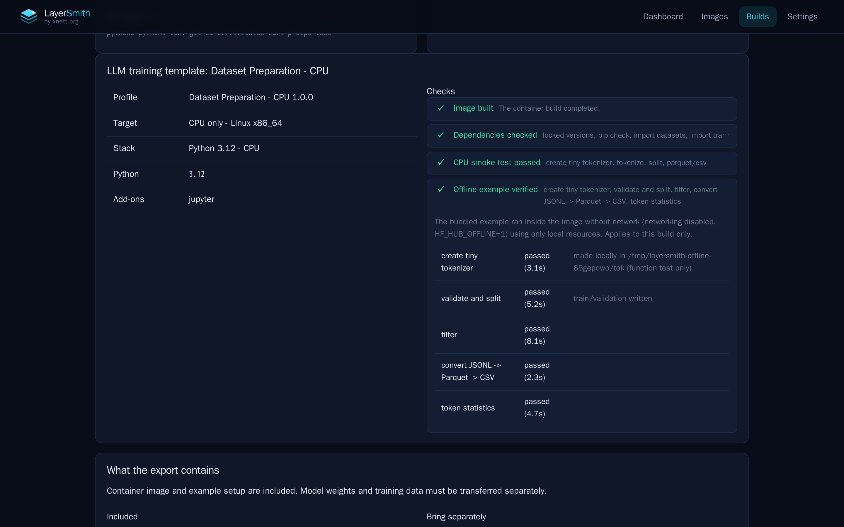 LayerSmith build results for the CPU dataset profile showing dependency, smoke-test and offline-example checks