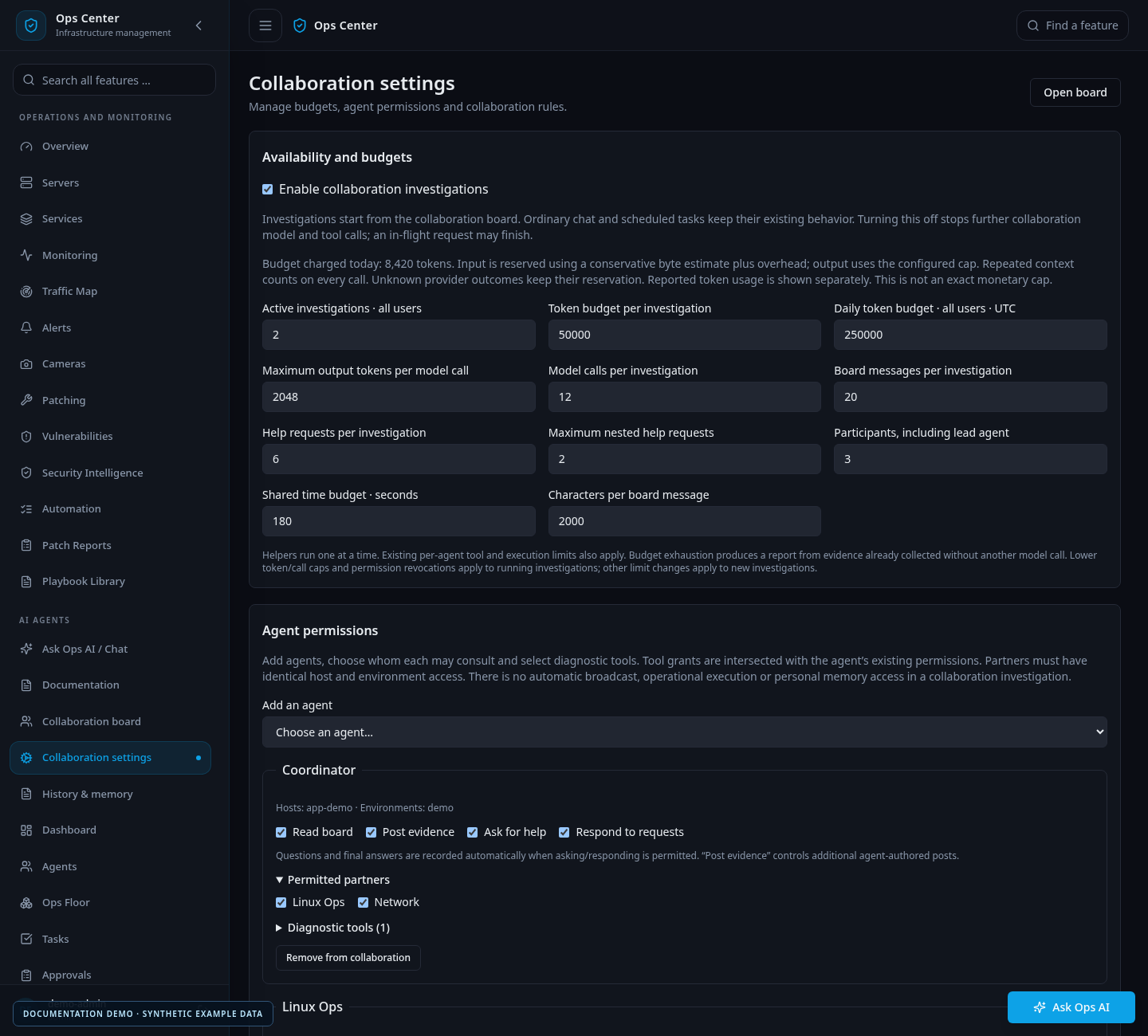 Collaboration settings with explicit participants, permissions and limits
