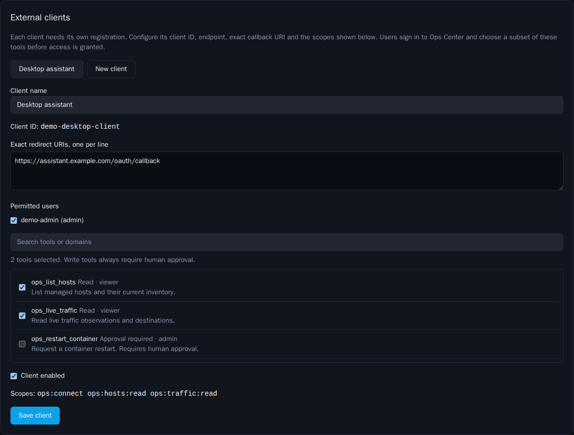 MCP client registration with selected tools and permitted users