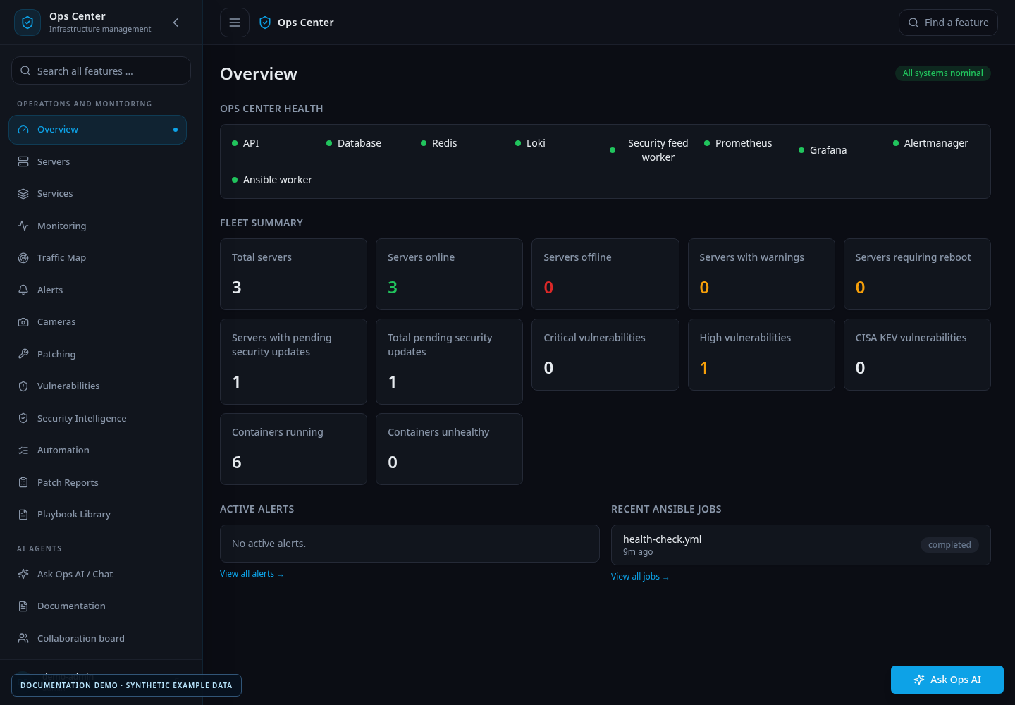 Ops Center overview populated with synthetic hosts and health metrics