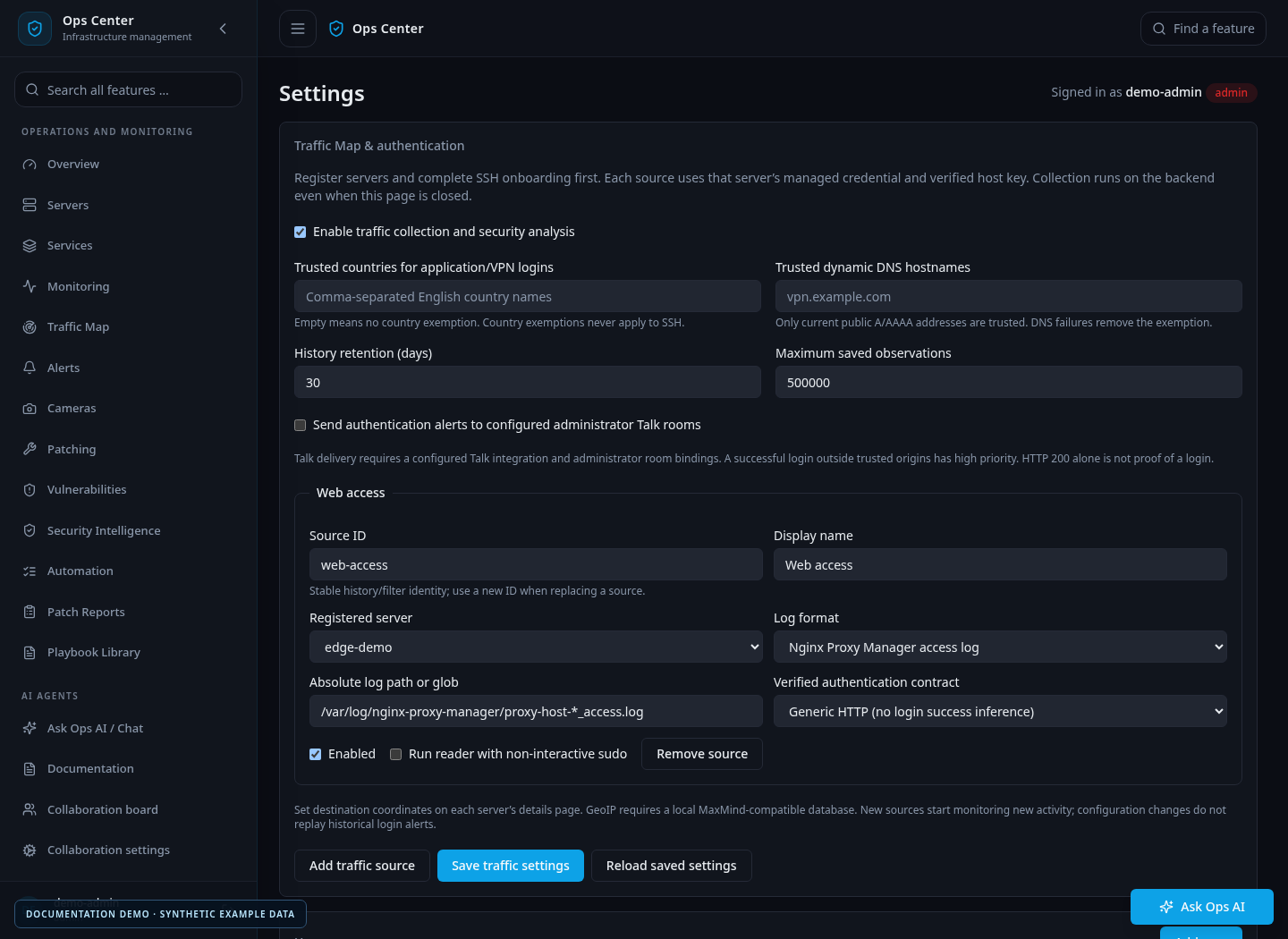 Traffic source settings with example servers and reader configuration