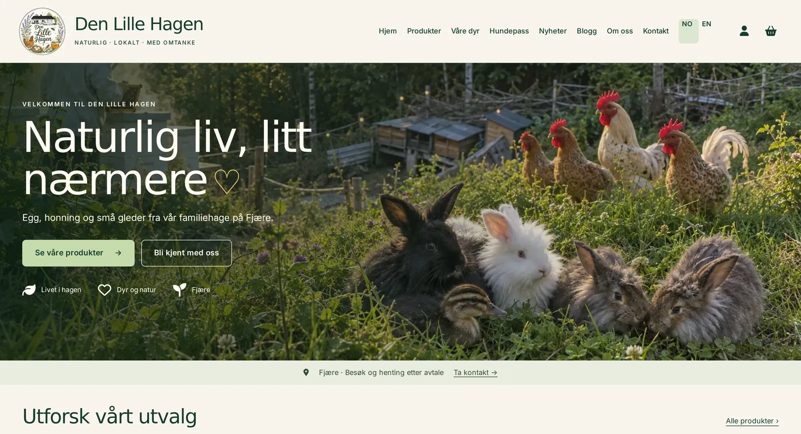 Den Lille Hagen homepage with garden animals in the hero image