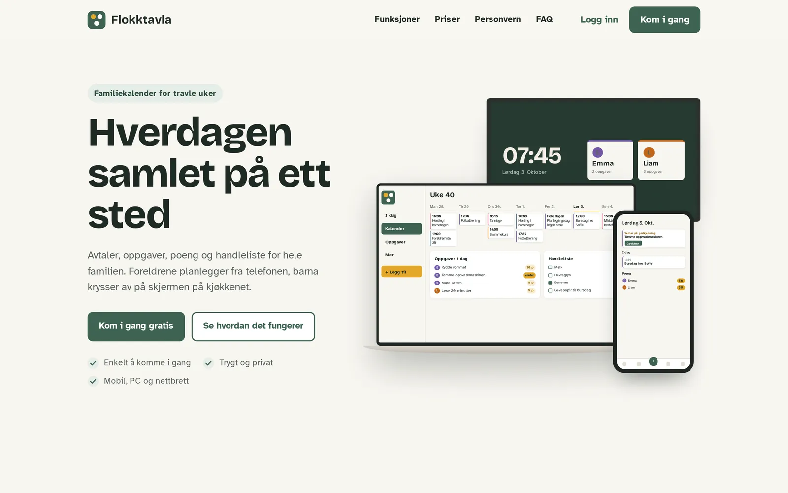 Flokktavla product page with laptop, phone and wall-display mockups