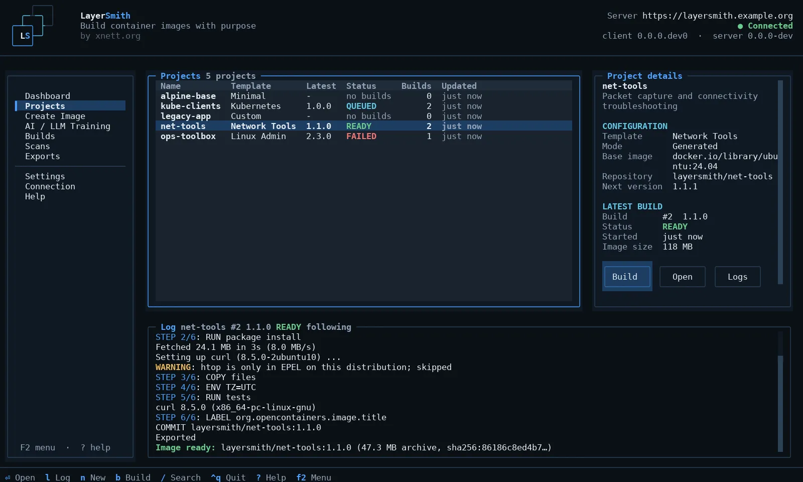 LayerSmith terminal client showing the projects view