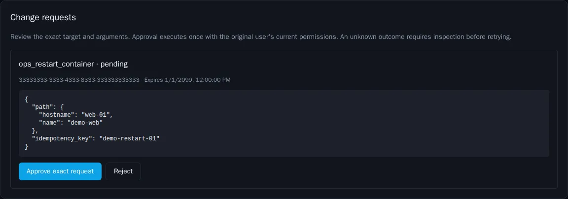 Ops Center human approval of an MCP change request
