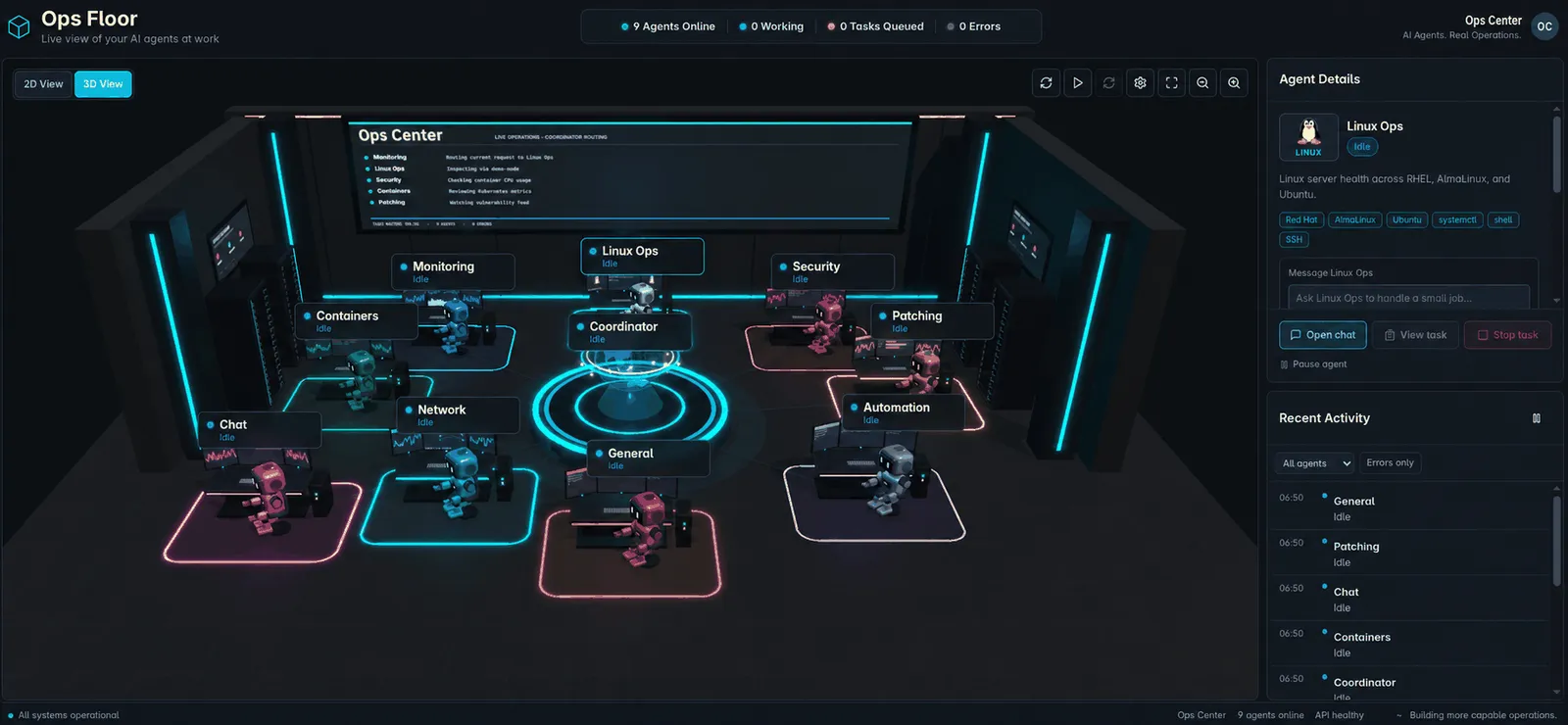 Ops Center 3D Operations Floor with specialist agents